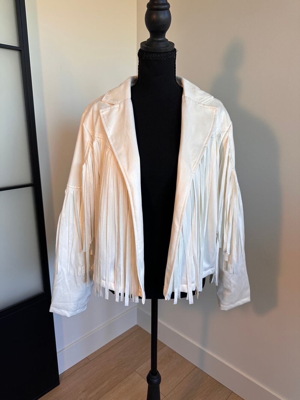 Stunning Cream White Fringe Western Faux Suede Jacket Size Large